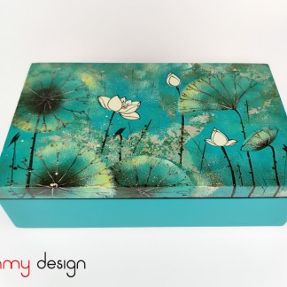 Blue rectangular lacquer box hand-painted with water lily pond  18*30cm